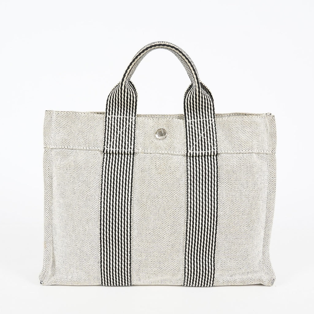 HERMES Fourre Tout PM Canvas Tote Hand Bag Gray Black Stripe 08E23825010