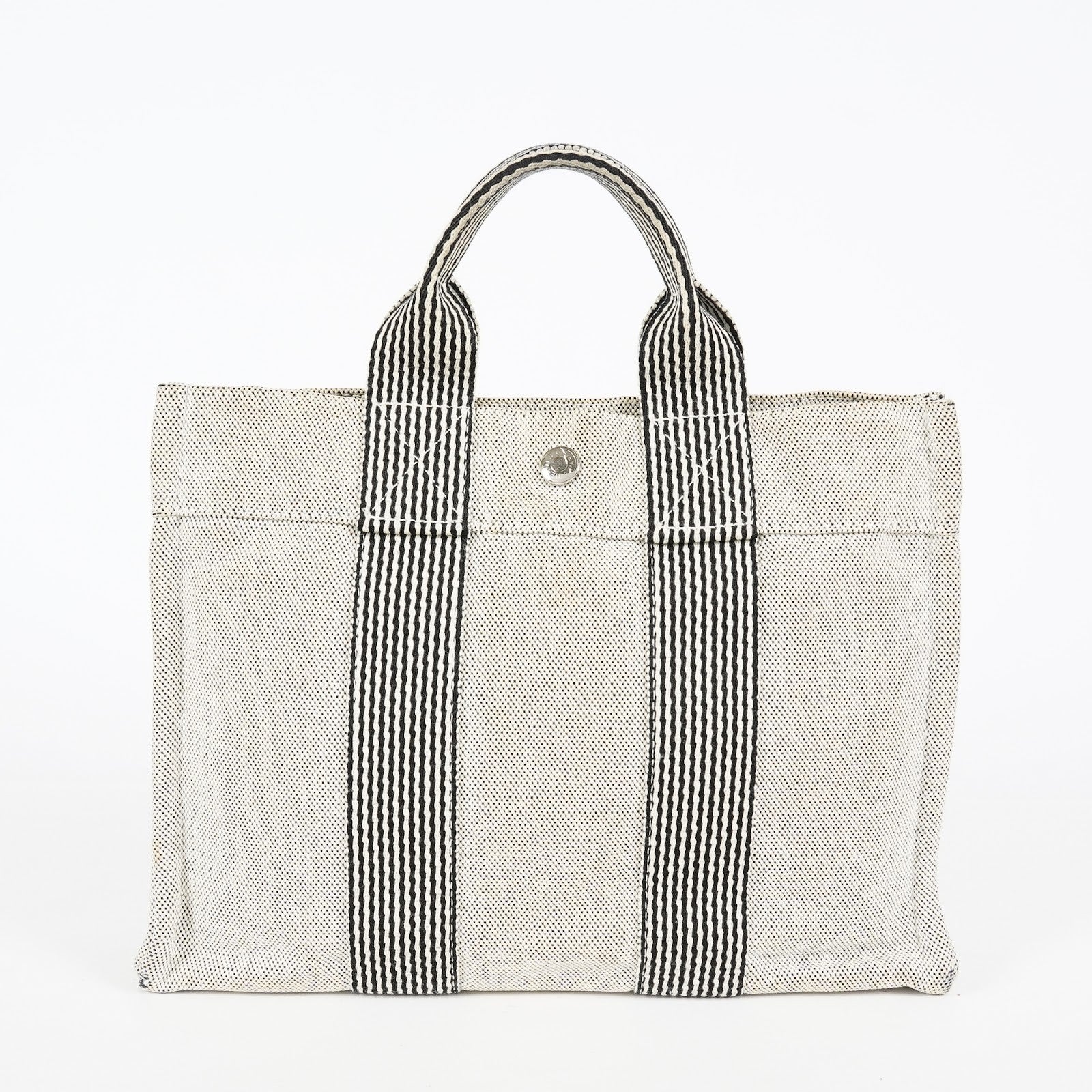 HERMES Fourre Tout PM Canvas Tote Hand Bag Gray Black Stripe 08E23825010