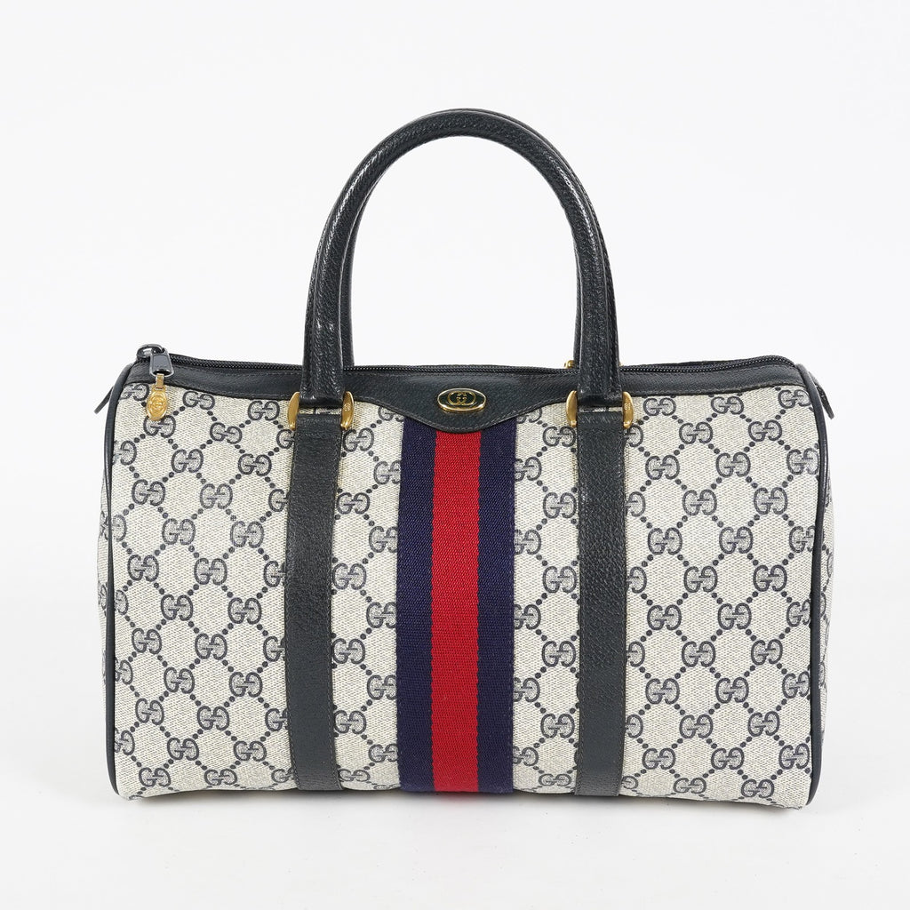 Gucci Vintage GG Supreme Sherry Web Mini Boston Bag Navy Leather 07E043410017