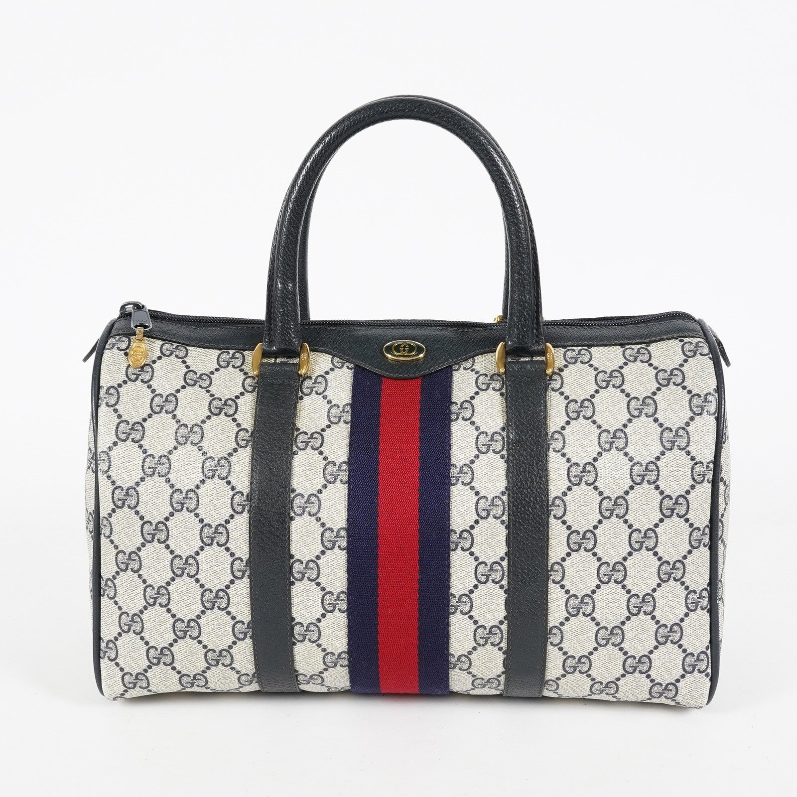 Gucci Vintage GG Supreme Sherry Web Mini Boston Bag Navy Leather 07E043410017
