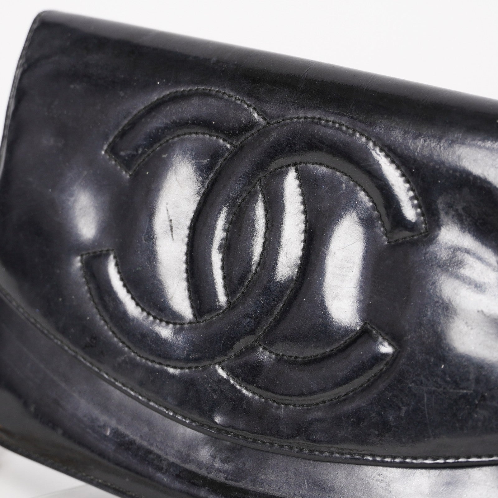Chanel Coco Mark Shoulder Chain Wallet Black Women's Enamel vintage 05E294730016