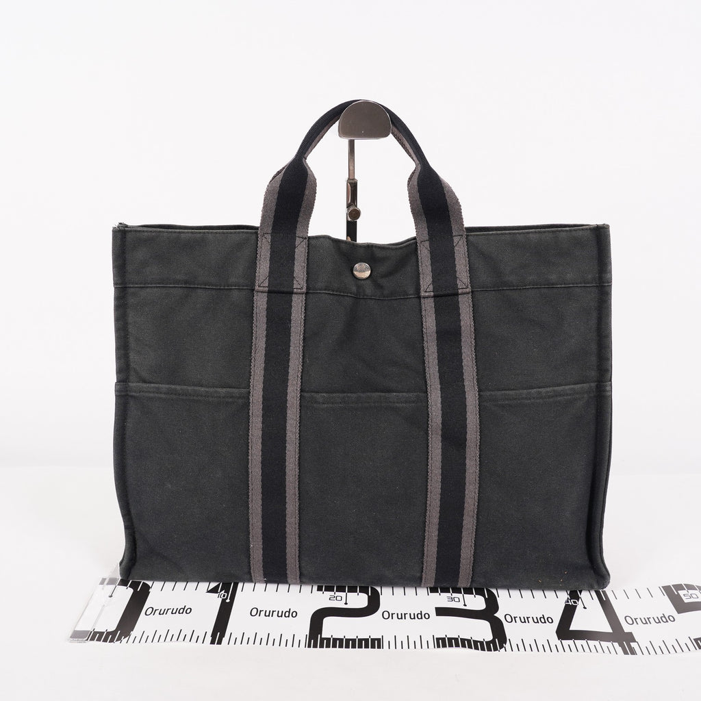 HERMES Fourre-Tout MM Black Canvas Tote Bag Hand Bag Purse Used 07A08605005