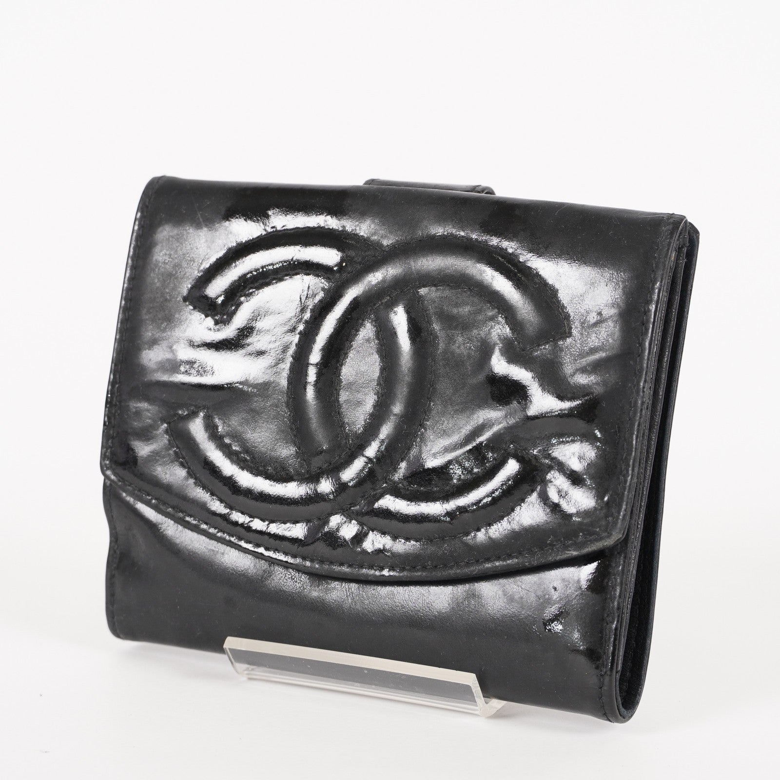 Auth Vintage Chanel CC Wallet Blk Leather Accordion Pocket Coin Case XY220