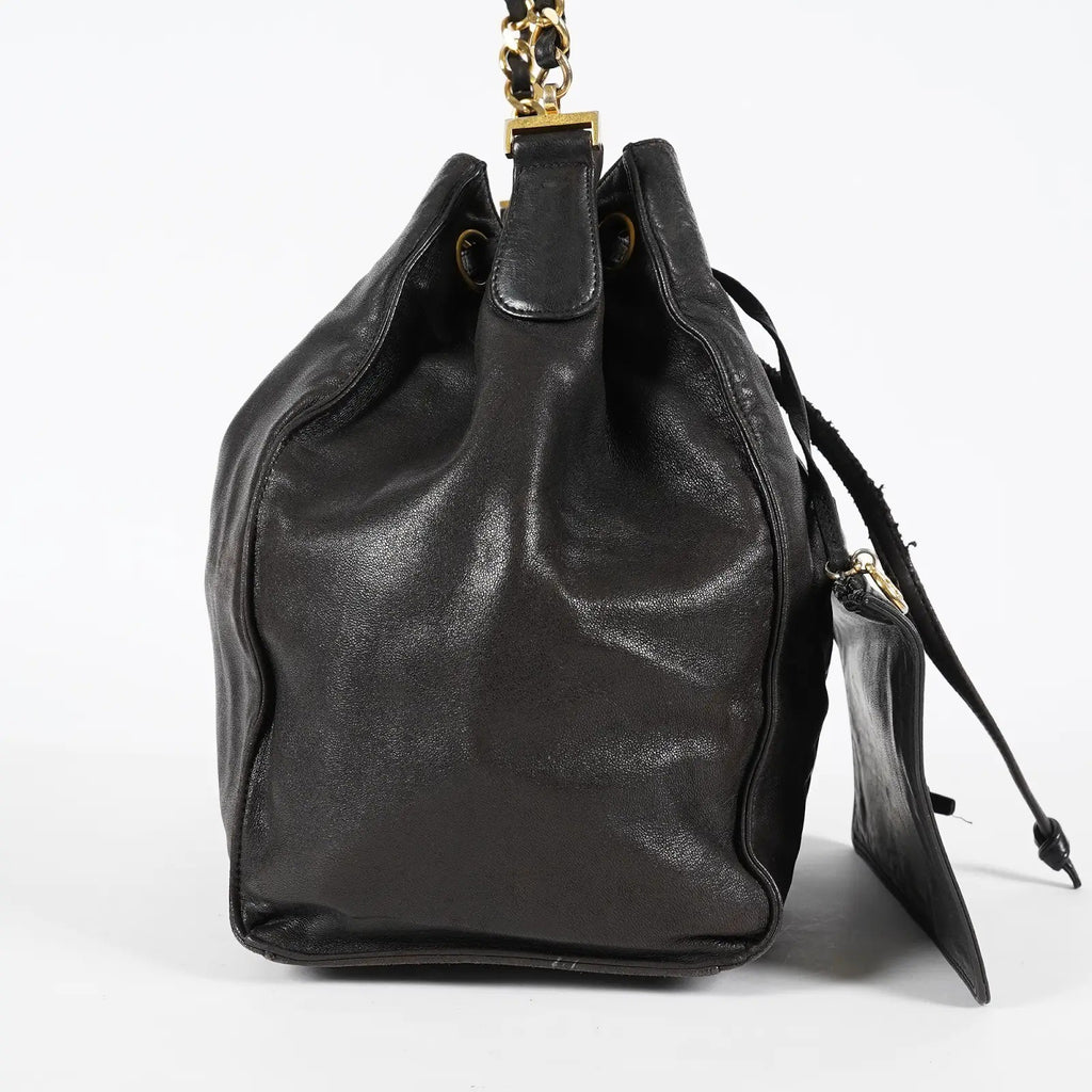 CHANEL Vintage CC Black Leather Drawstring Shoulder Bag 26cm Used 07E118580027