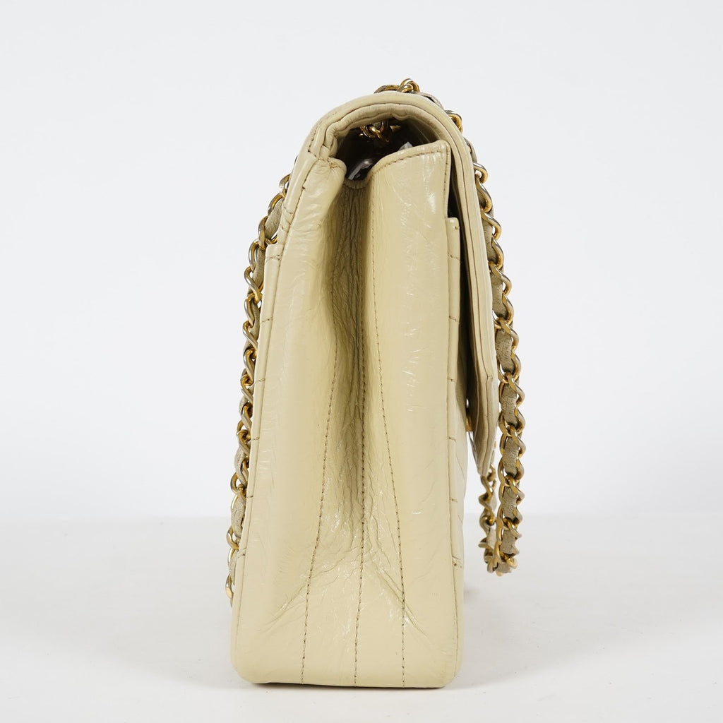 CHANEL Vintage V Stitch Flap Chain Shoulder Bag 25cm Beige Lambskin 08E077370012
