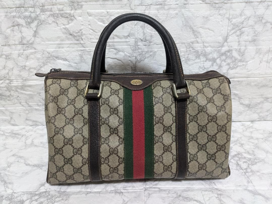 Gucci Sherry Line GG Plus Boston Bag Beige Canvas Hand Bag Used 08M012400024