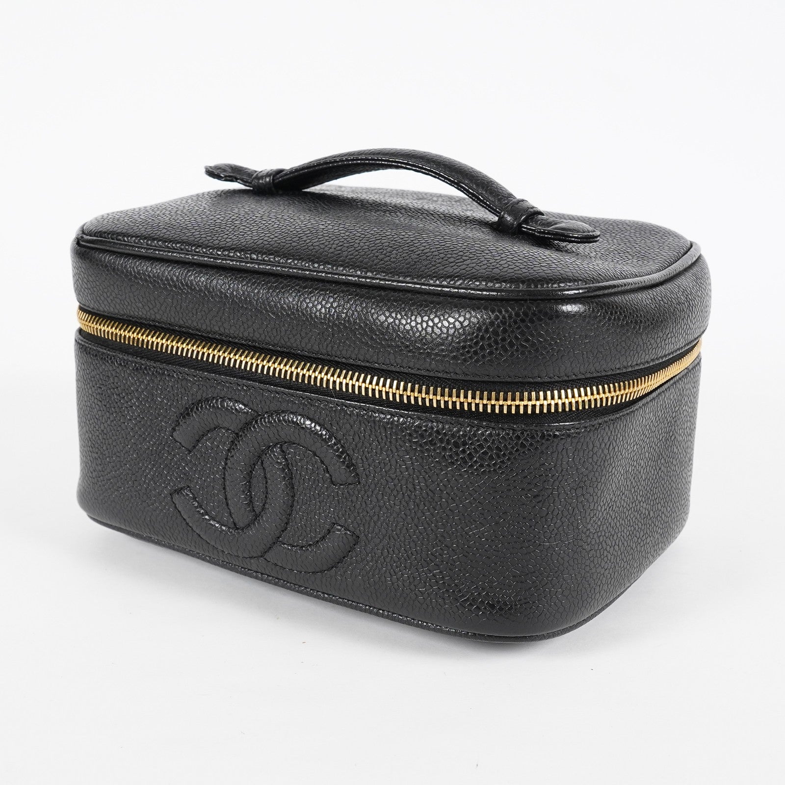 Chanel Caviar Skin CC Vanity Bag Black Leather Used Vintage 07E046490027