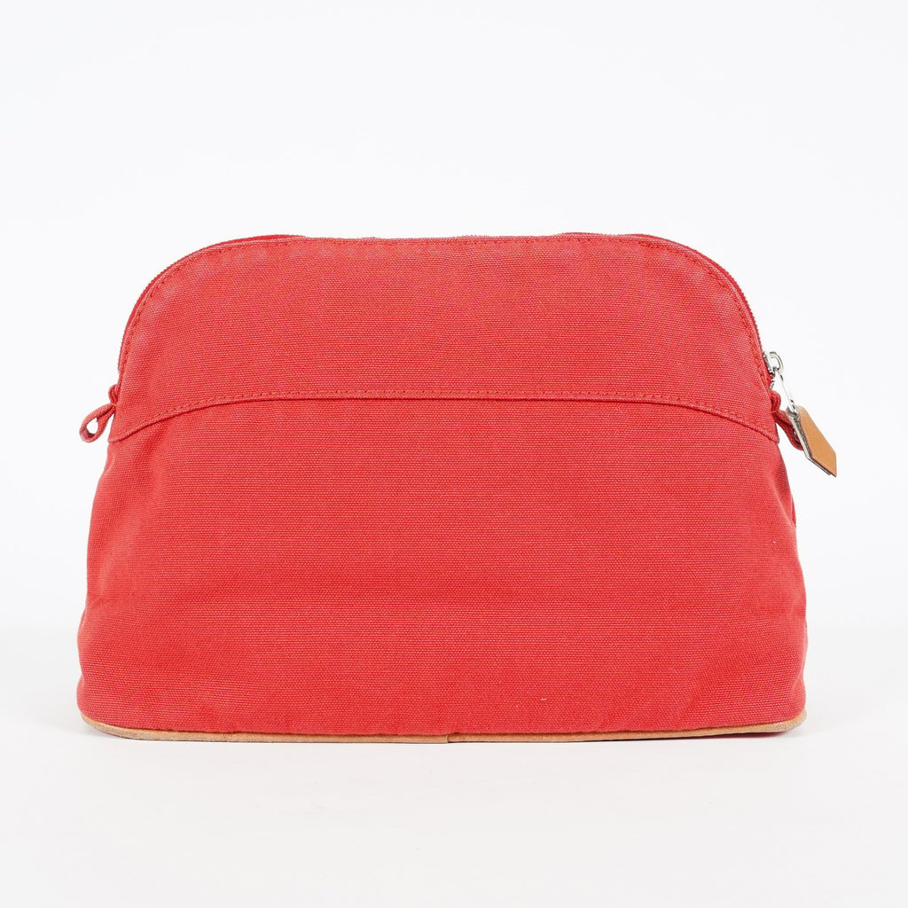 Hermes Bolide Pouch 27 Red Canvas Leather Trim Zip Cosmetic Bag Used 08E26825007