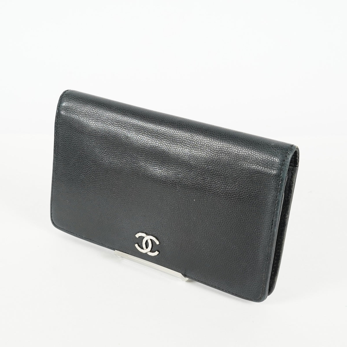Chanel Caviar Skin Long Bifold Wallet Black Leather Used with Box 05E412310016