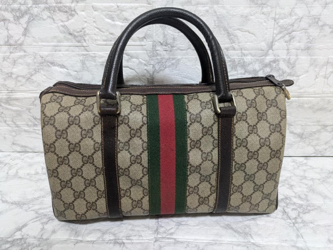 Gucci Sherry Line GG Plus Boston Bag Beige Canvas Hand Bag Used 08M012400024