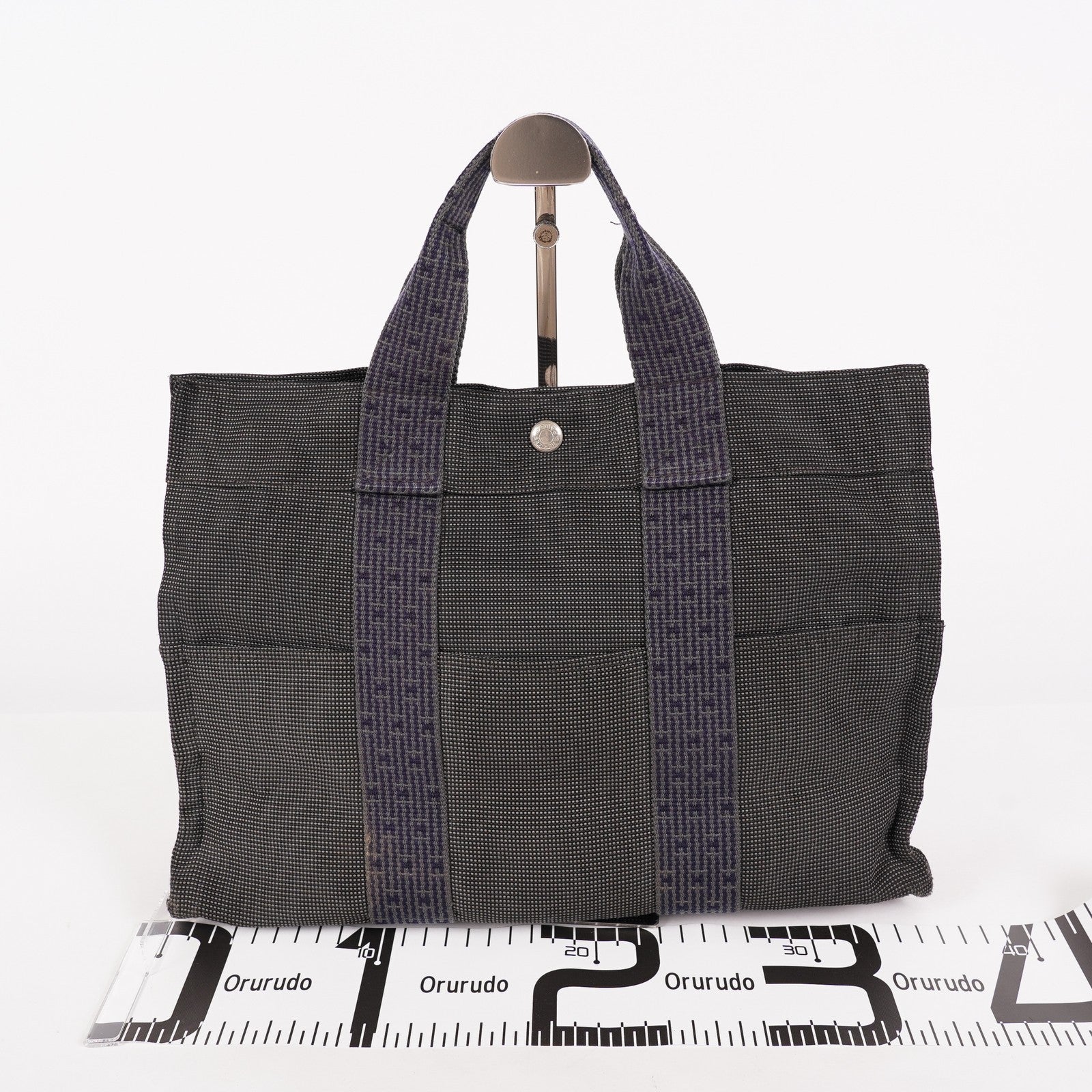 Hermes Herline MM Tote Bag Gray Canvas H Logo Used 07E20825001