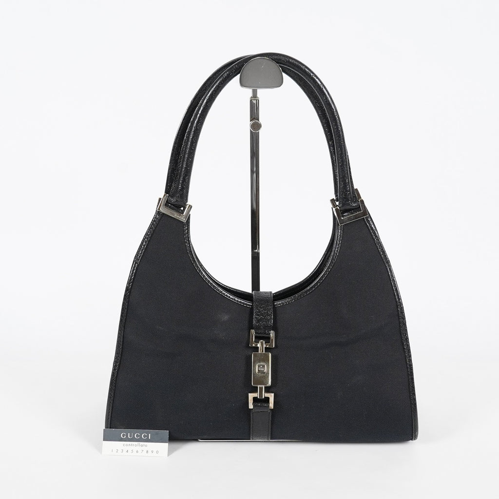 Gucci Jackie Vintage Handbag Shoulder Bag 30cm Black Canvas Leather 07E153190009