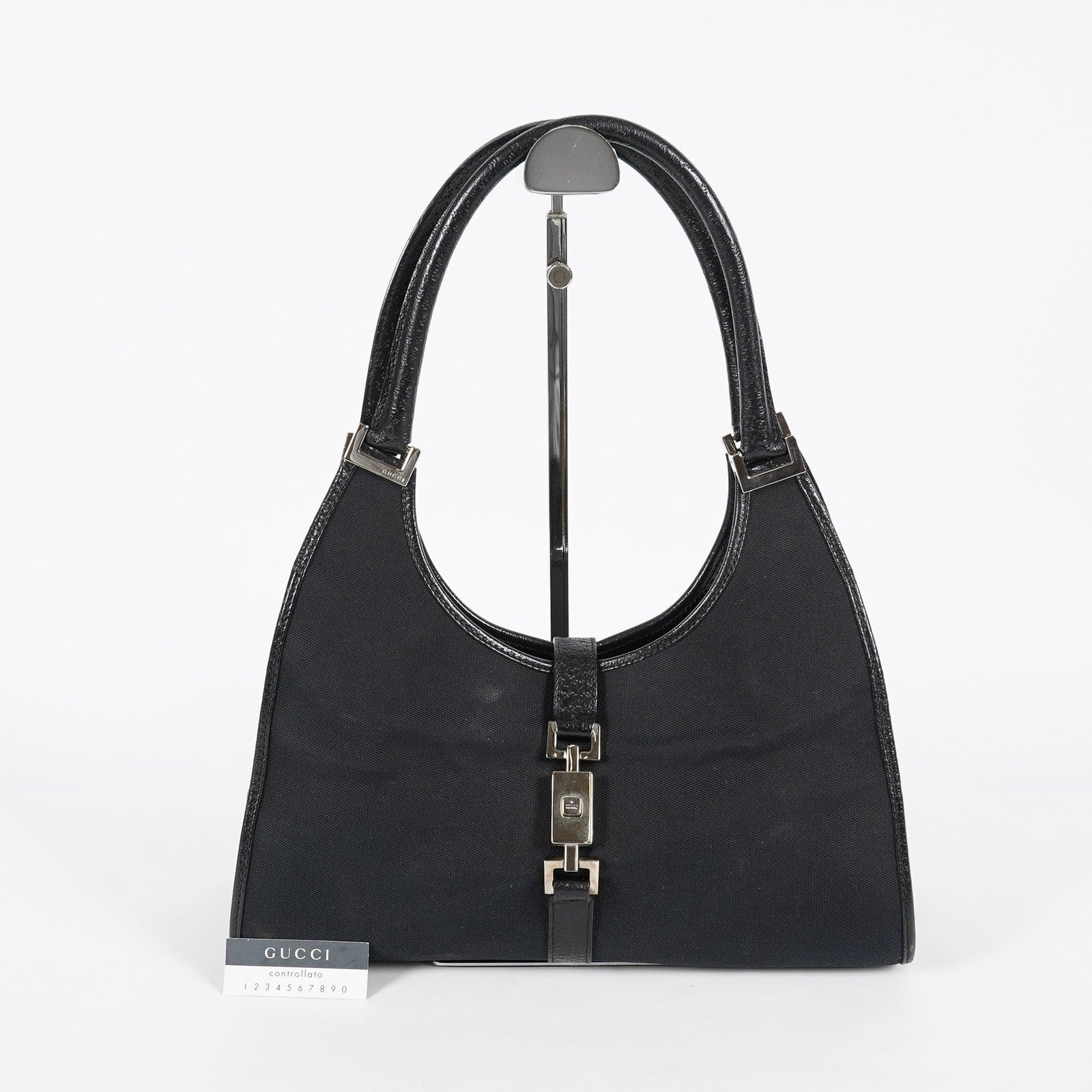 Gucci Jackie Vintage Handbag Shoulder Bag 30cm Black Canvas Leather 07E153190009