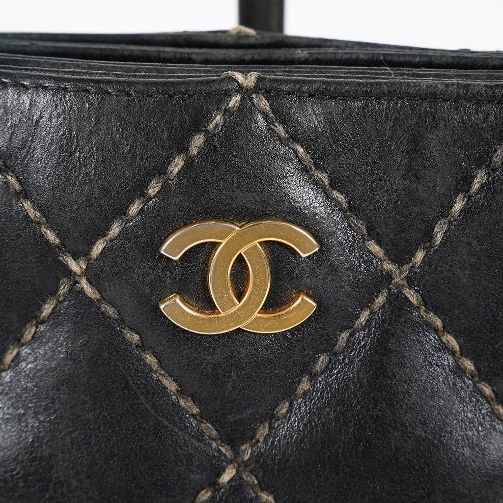 Chanel Wild Stitch Tote Bag Black Calfskin Leather CC Logo Used 07E077260010