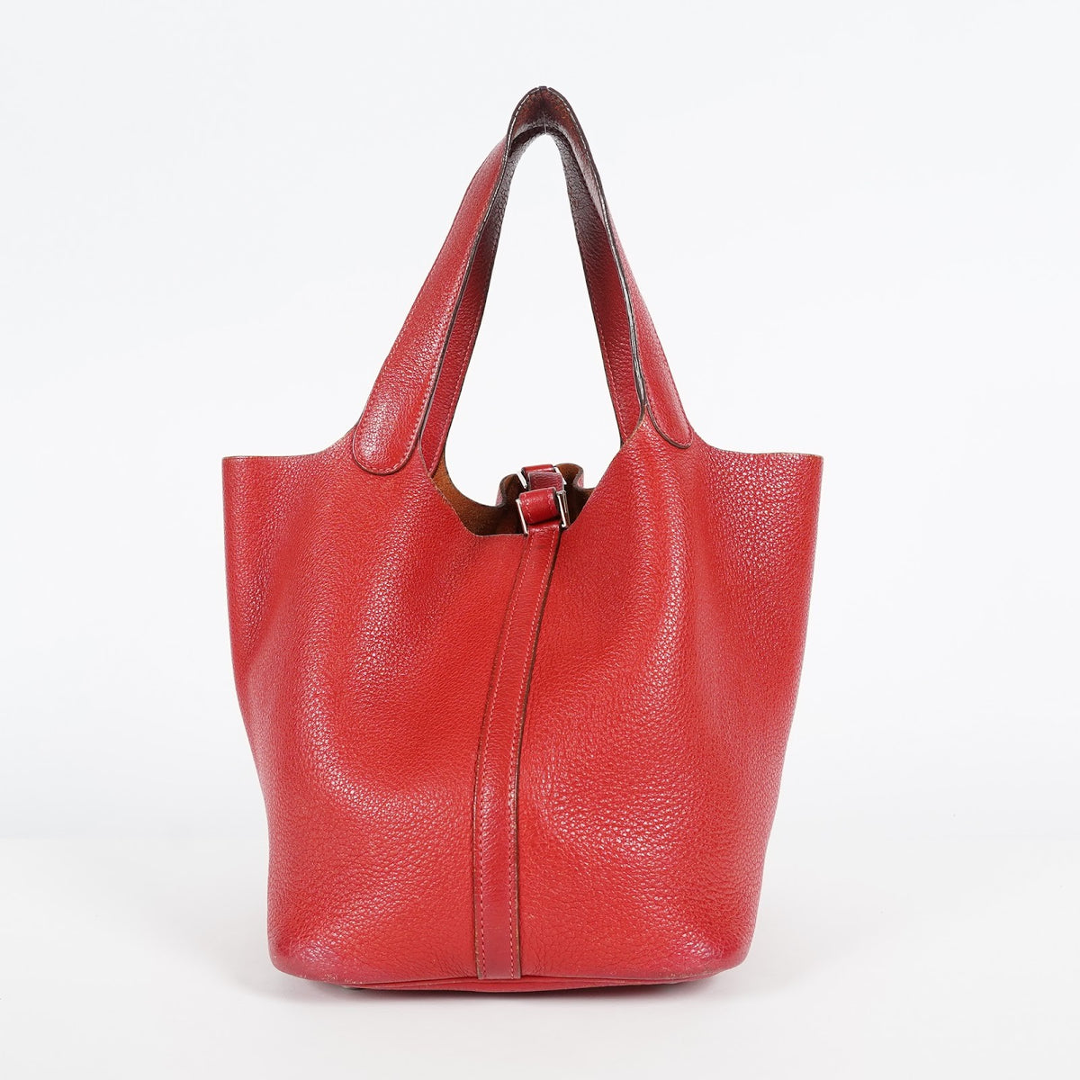 HERMES Picotin PM Red Leather Bucket Tote Bag Silver Hardware Used 08M3418241317