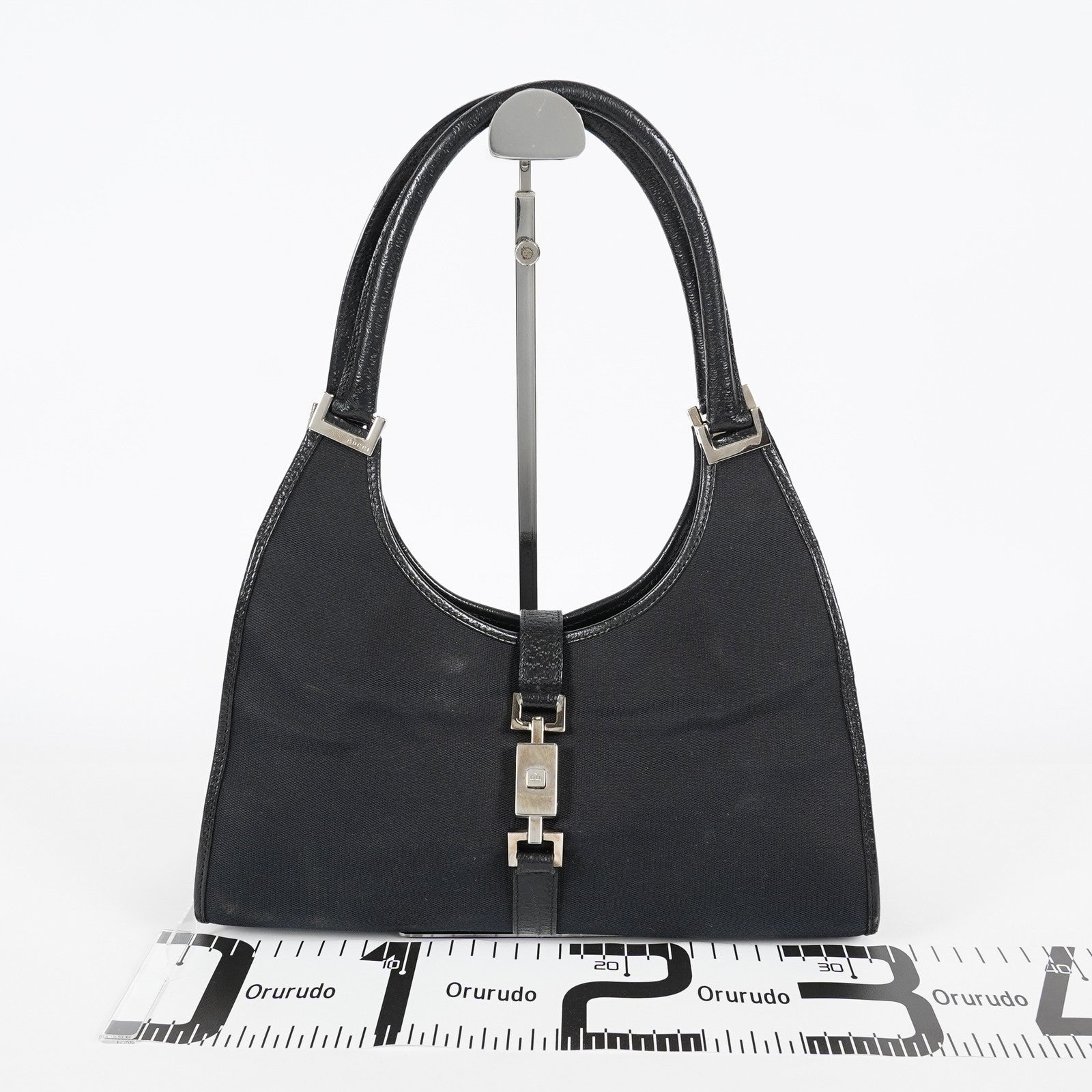 Gucci Jackie Vintage Handbag Shoulder Bag 30cm Black Canvas Leather 07E153190009