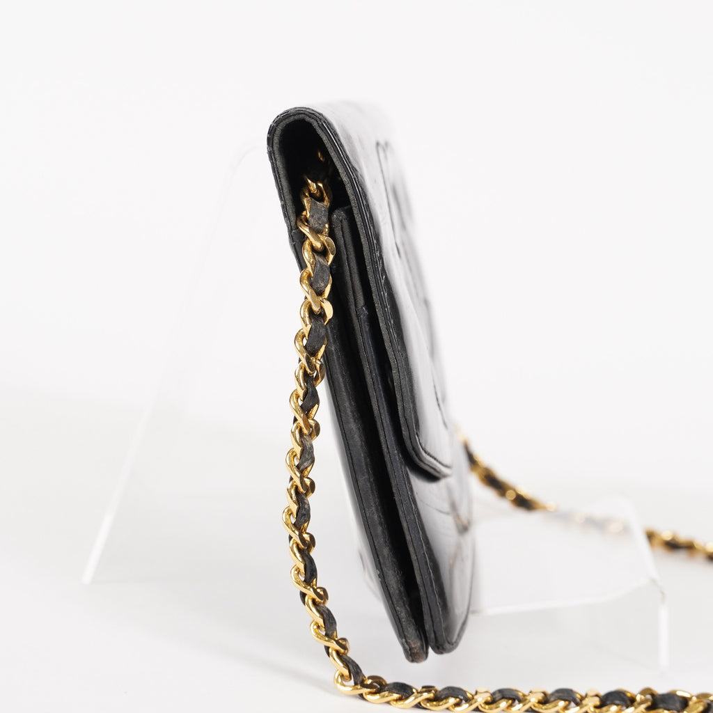 Chanel Coco Mark Shoulder Chain Wallet Black Women's Enamel vintage 05E294730016