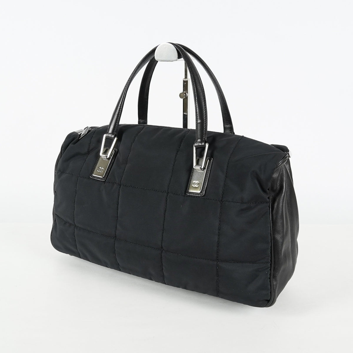 Chanel Chocolate Bar Nylon Mini Boston Bag 35cm Black Silver HW 07E314180008