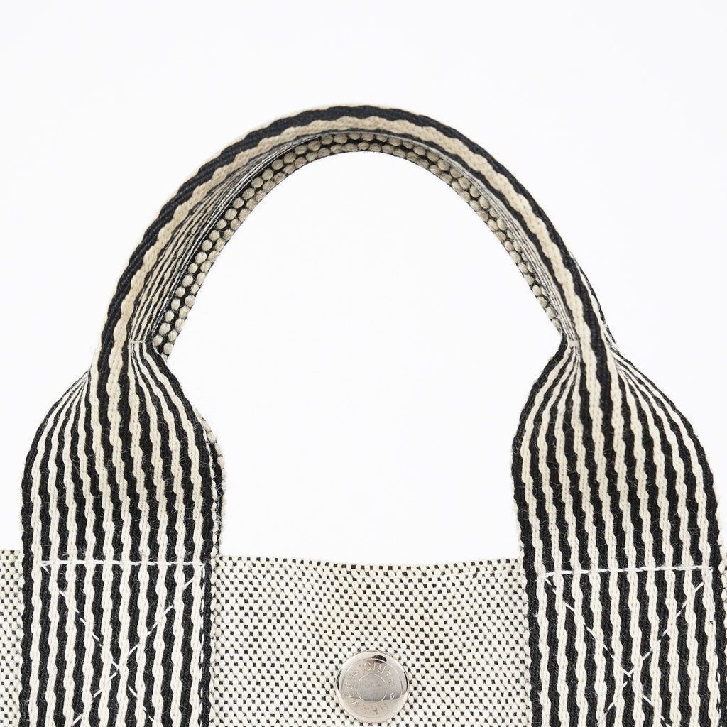 HERMES Fourre Tout PM Canvas Tote Hand Bag Gray Black Stripe 08E23825010