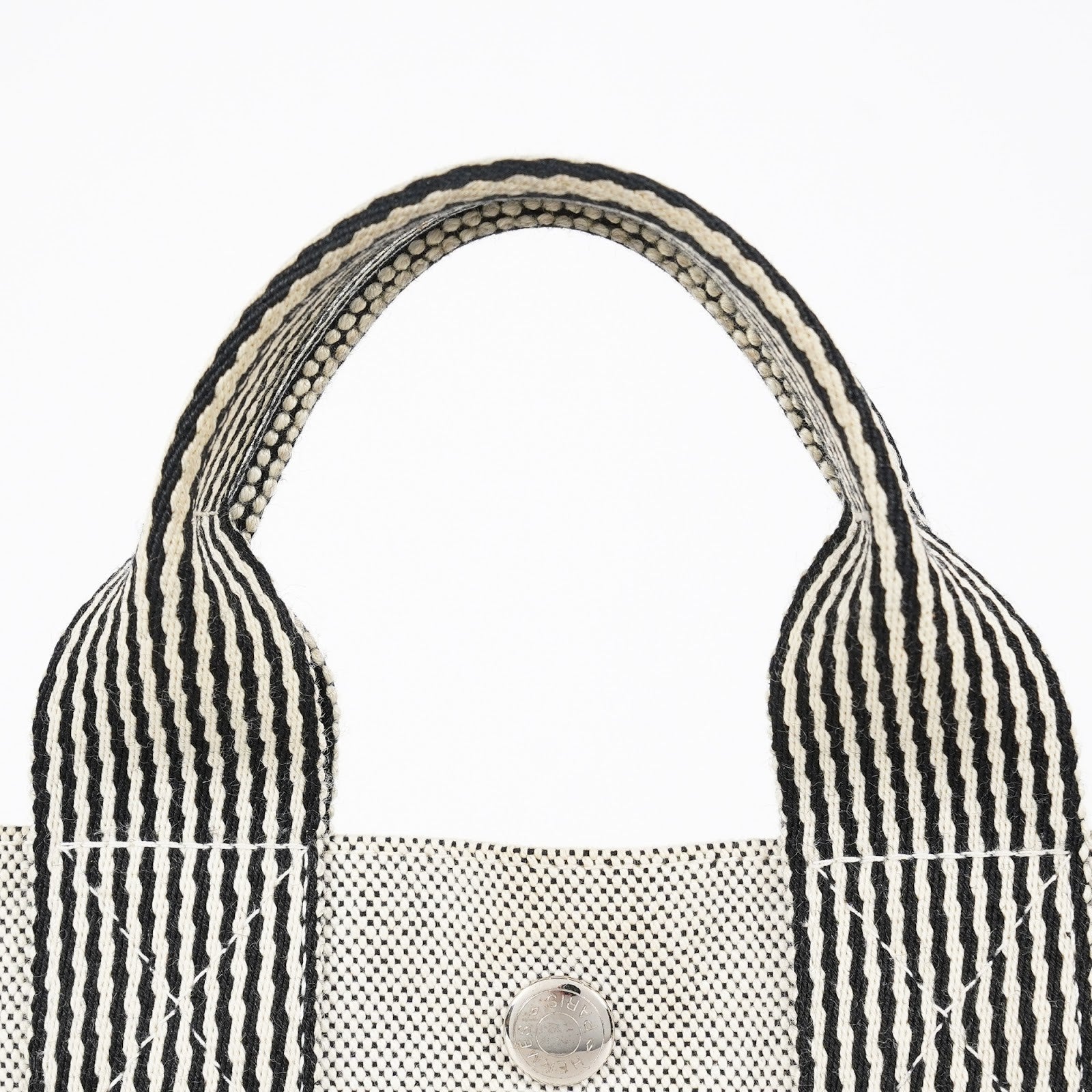 HERMES Fourre Tout PM Canvas Tote Hand Bag Gray Black Stripe 08E23825010