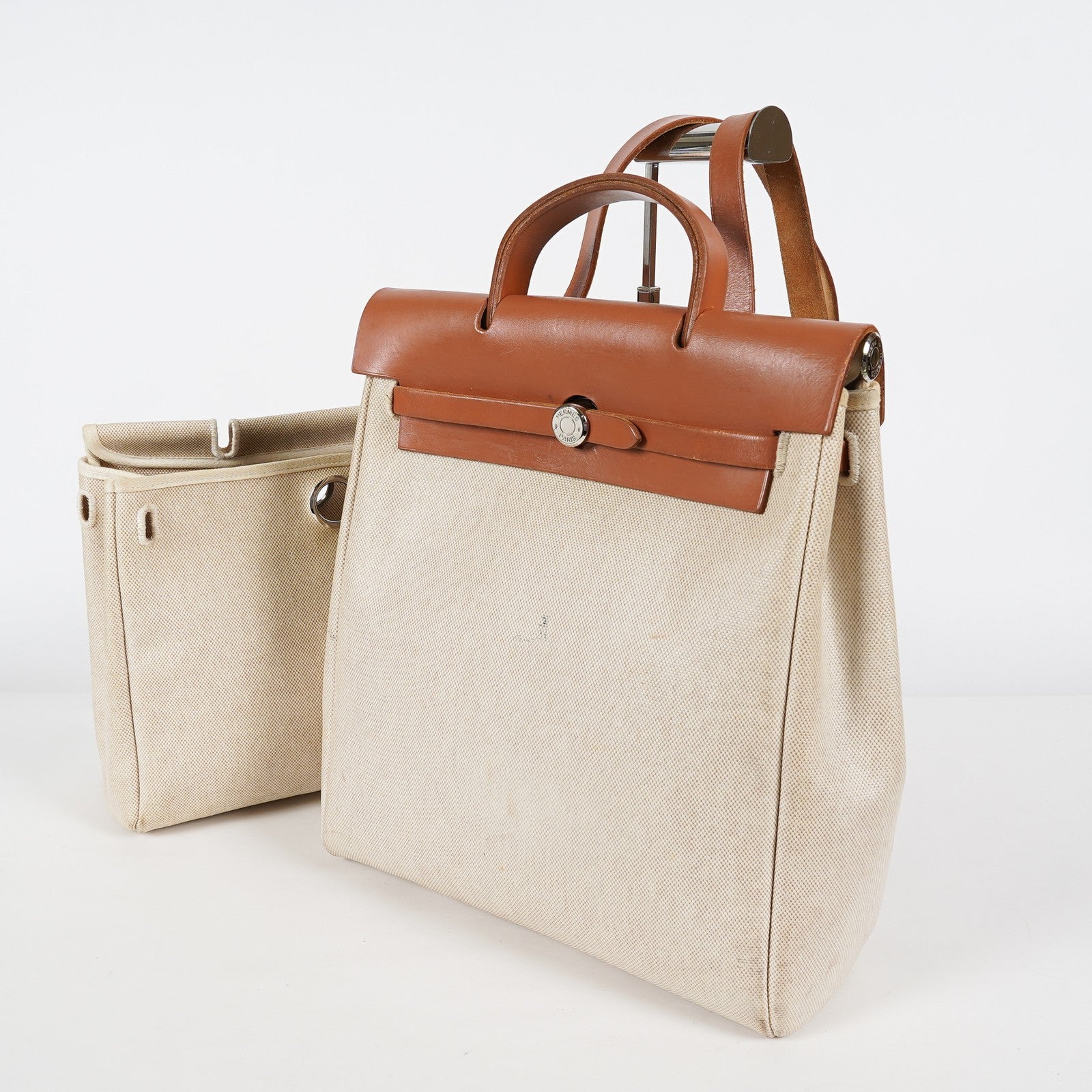 Hermes Herbag Ado PM Used Beige Canvas Brown Leather 2WAY Backpack 07A325834431