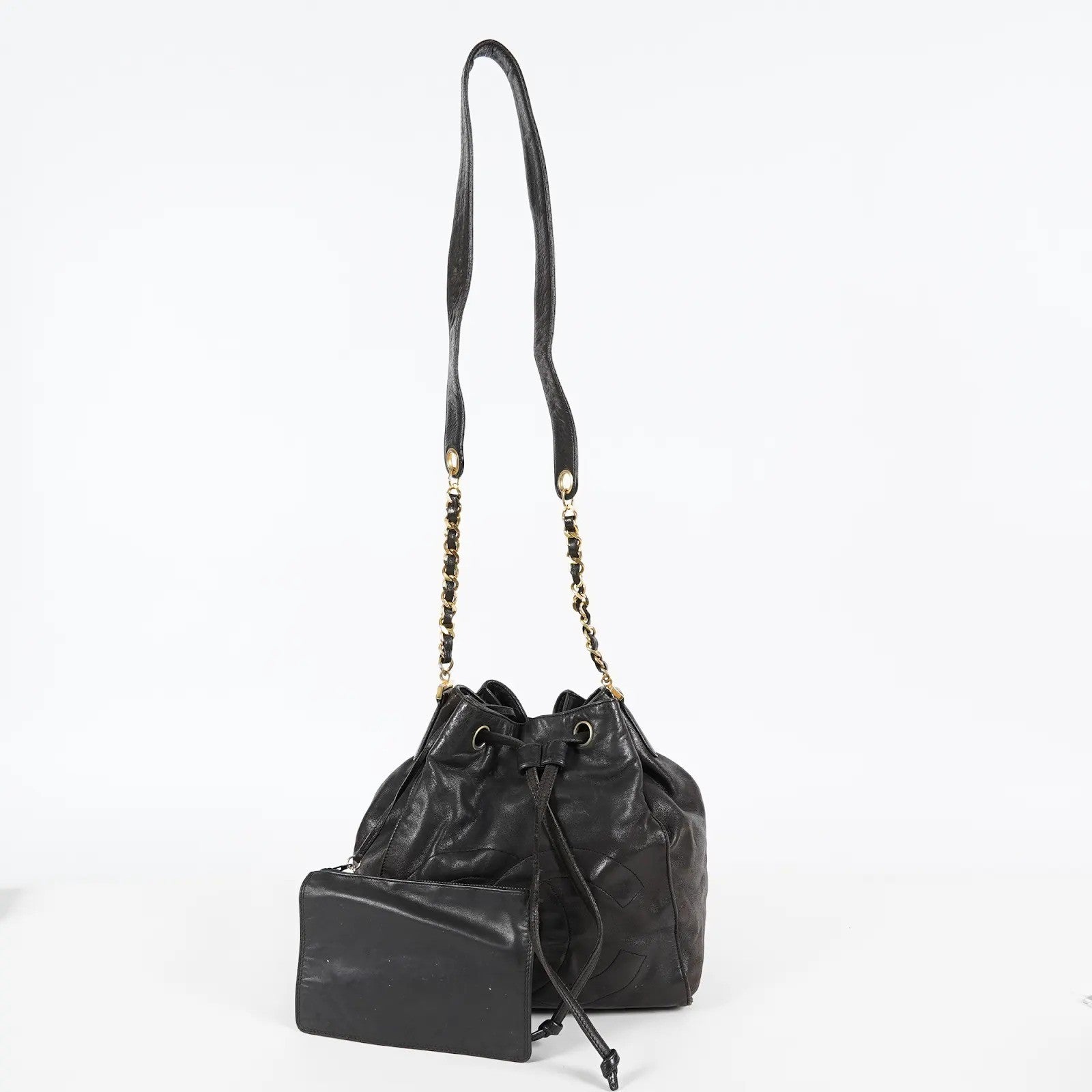 CHANEL Vintage CC Black Leather Drawstring Shoulder Bag 26cm Used 07E118580027
