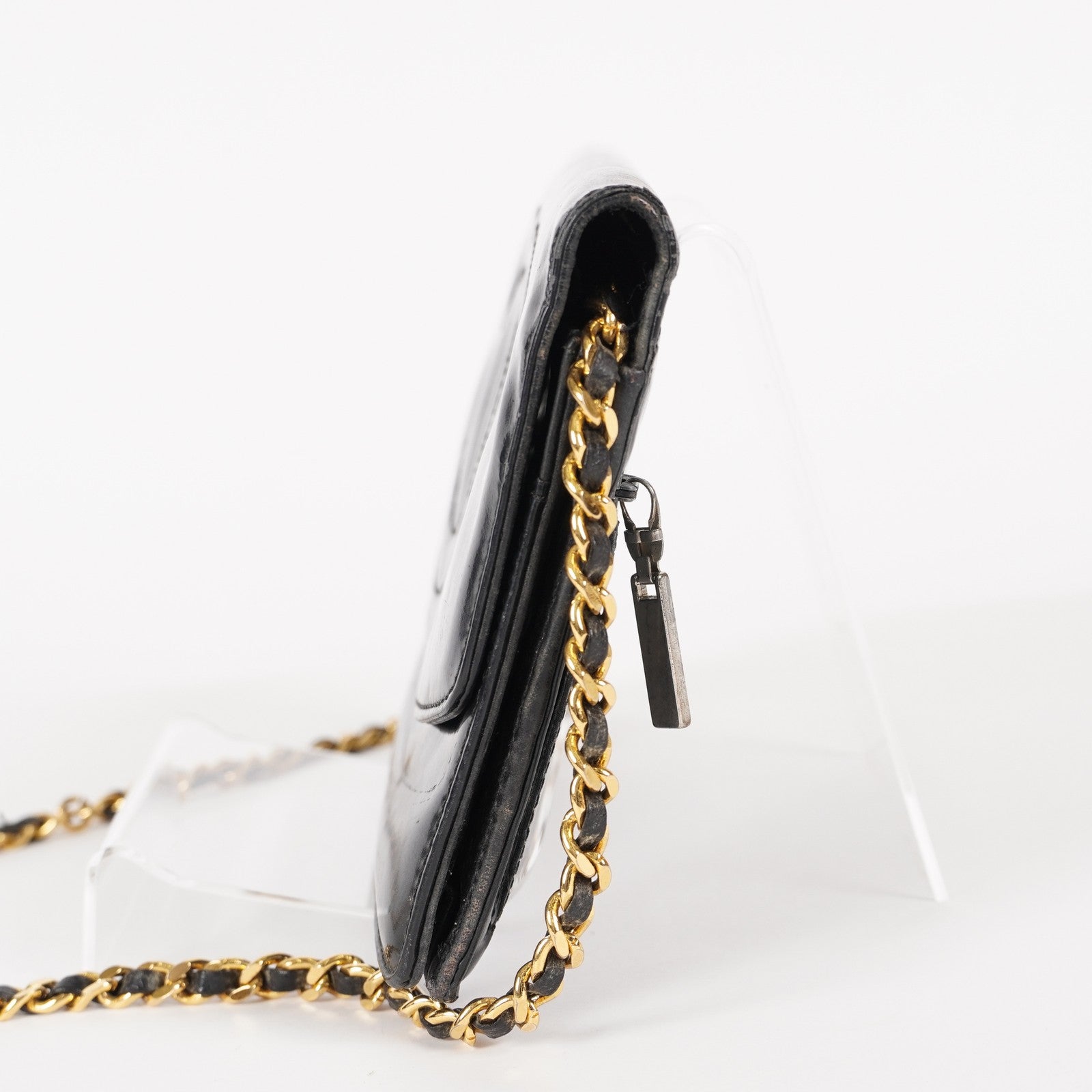 Chanel Coco Mark Shoulder Chain Wallet Black Women's Enamel vintage 05E294730016
