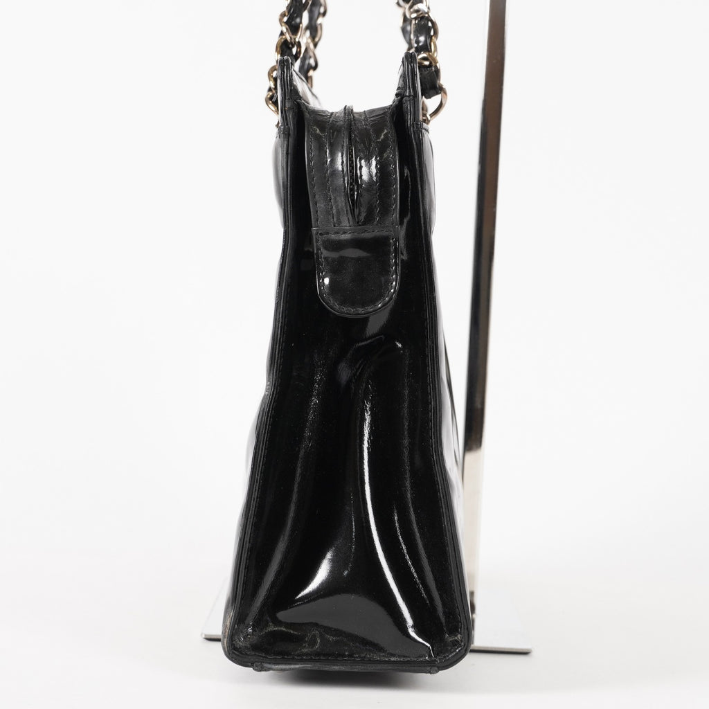 CHANEL CC Logo Chain Shoulder Tote Bag Patent Leather Vintage Black 03E255170011