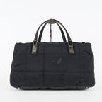 CHANEL Chocolate Bar Nylon Mini Boston Handbag Black Silver HW Used 07E314180008