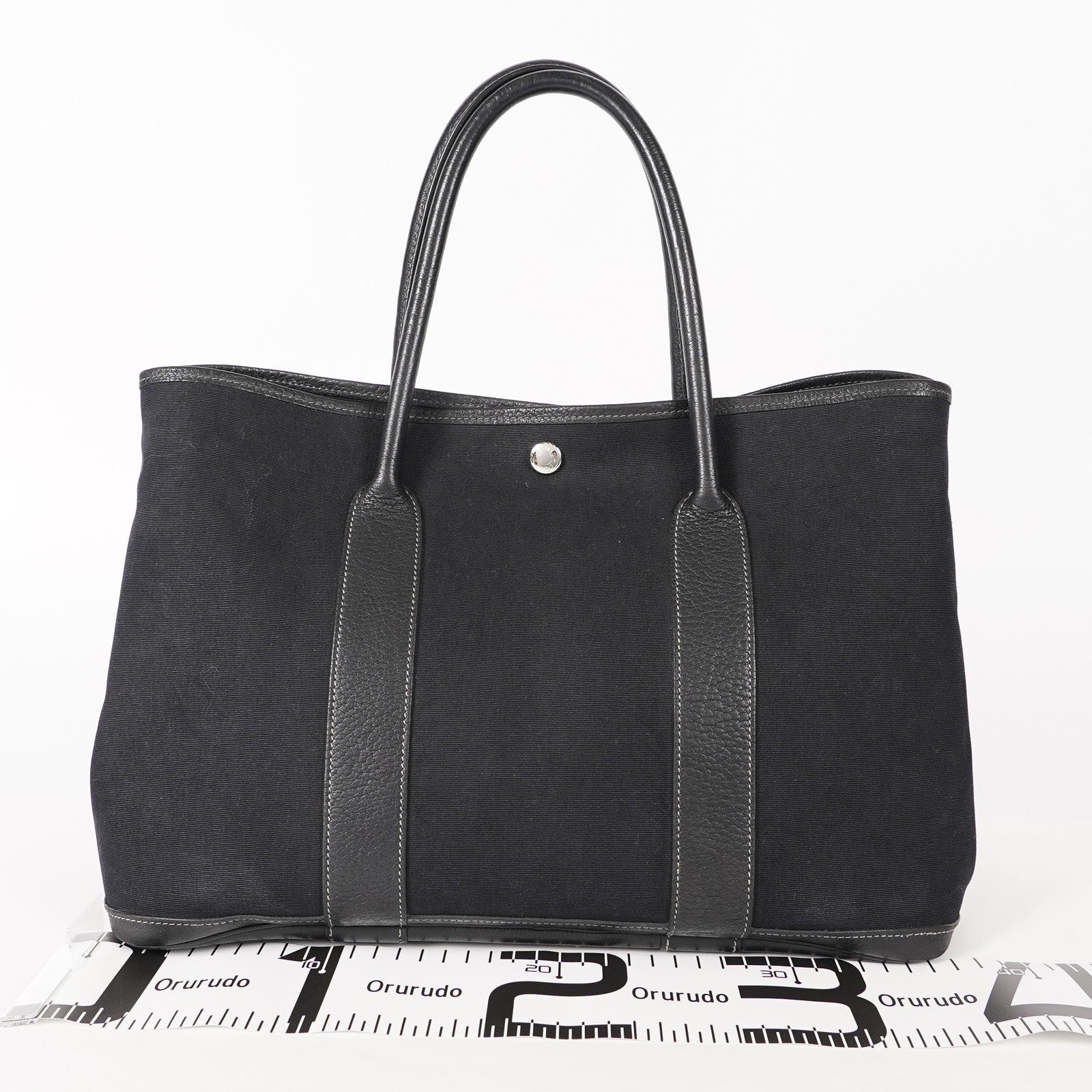 Authentic Hermes Garden Party MM Canvas Leather Tote Bag  black 02E036820003