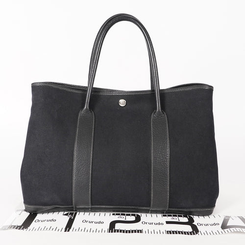 Authentic Hermes Garden Party MM Canvas Leather Tote Bag  black 02E036820003
