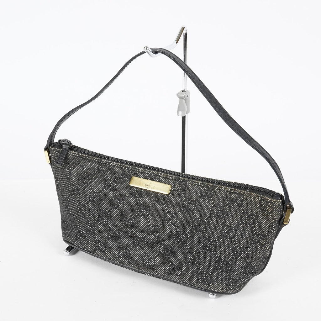 Gucci GG Canvas Boat Pochette Accessory Pouch Bag Gray Black Used 08E012530012