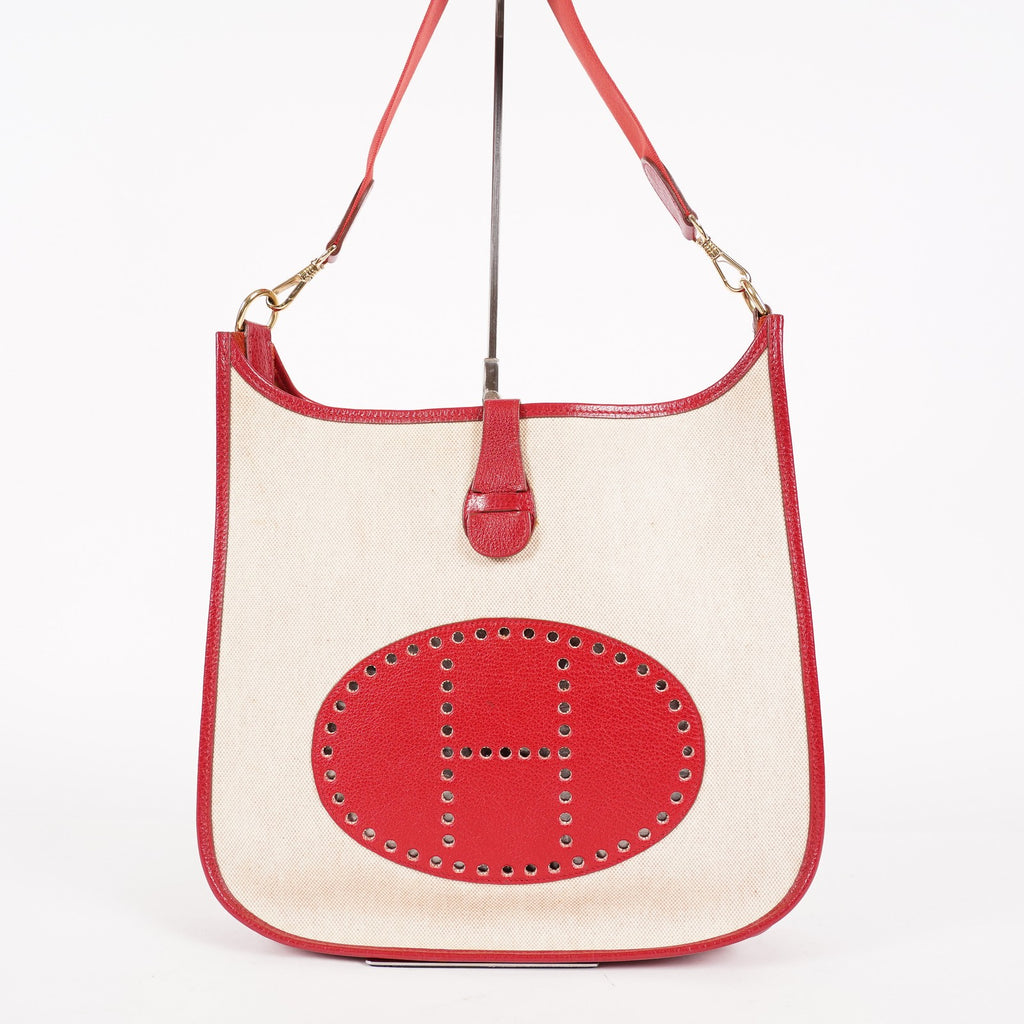 Hermes Rouge Red Taurillon Clemence Leather and Canvas Evelyne 06E0113310019