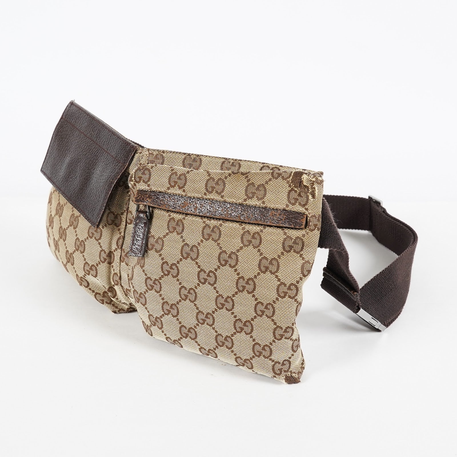 GUCCI GG Canvas Waist Belt Body Bag Beige Brown Vintage Used Womens 08E141870008