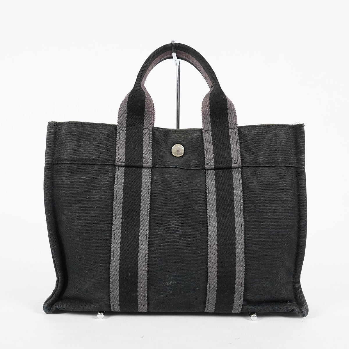 HERMES Fourre Tout PM Black Grey Canvas Hand Tote Bag Used Vintage 08M05566517
