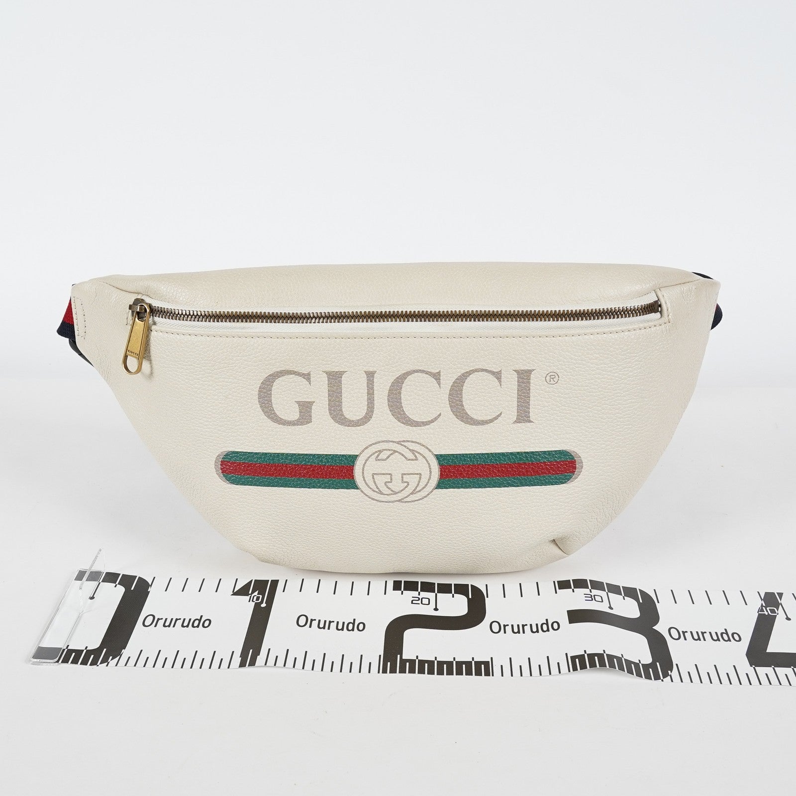 Gucci Print Belt Bag White Leather Waist Bag Web Strap Used 530412 07E013850017