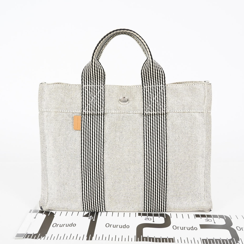 HERMES Fourre Tout PM Canvas Tote Hand Bag Gray Black Stripe 08E23825010