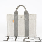 HERMES Fourre Tout PM Canvas Tote Hand Bag Gray Black Stripe 08E23825010