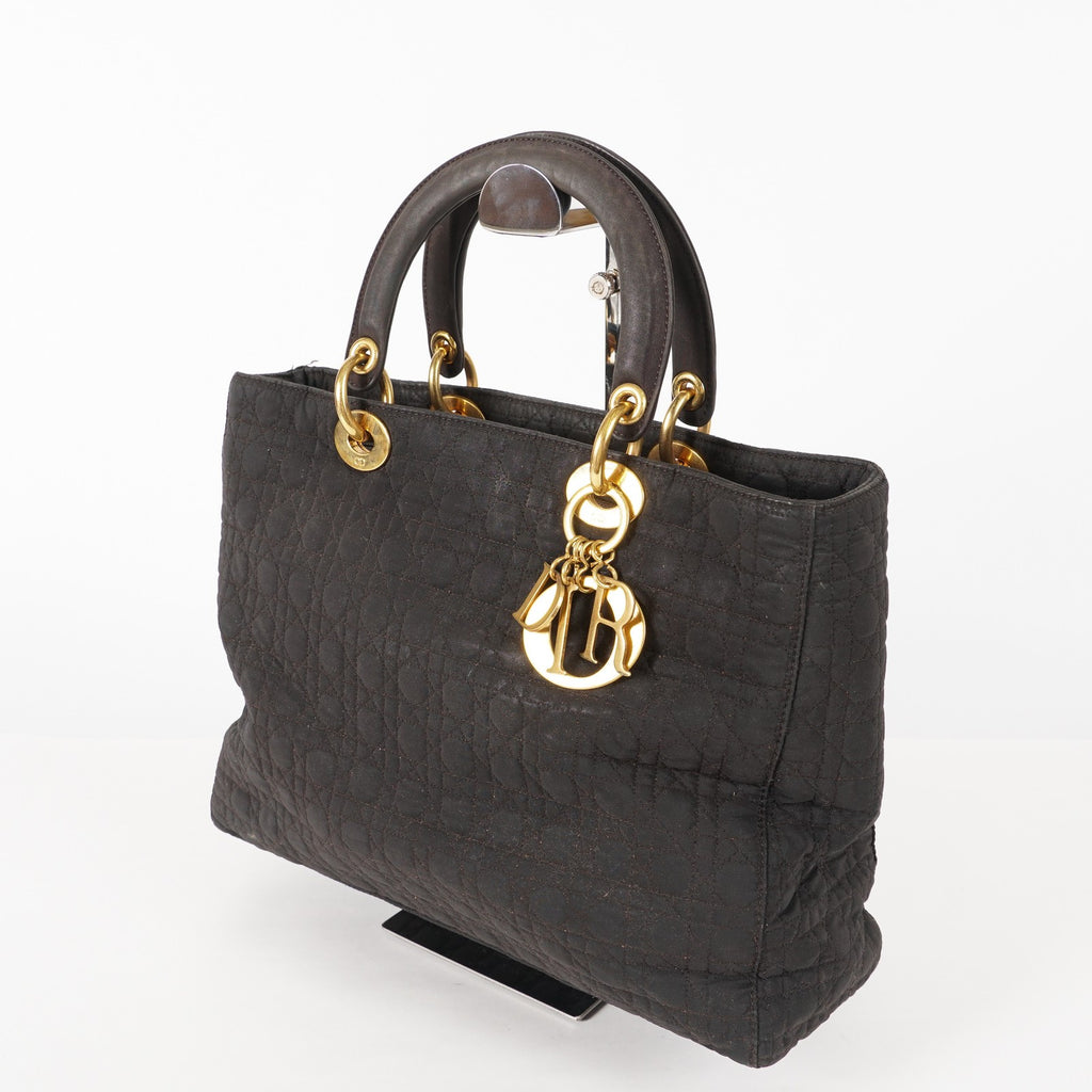 Dior Lady Dior Cannage Nylon Gold Hardware Charm Handbag Black 12E323410027