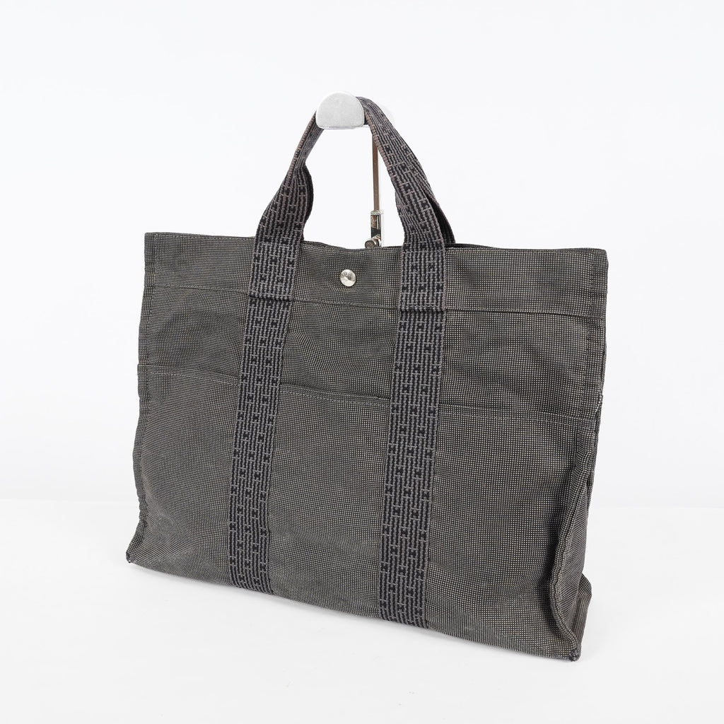 HERMES Herline Tote MM Gray H Pattern Canvas Handbag Authentic 08E35825010