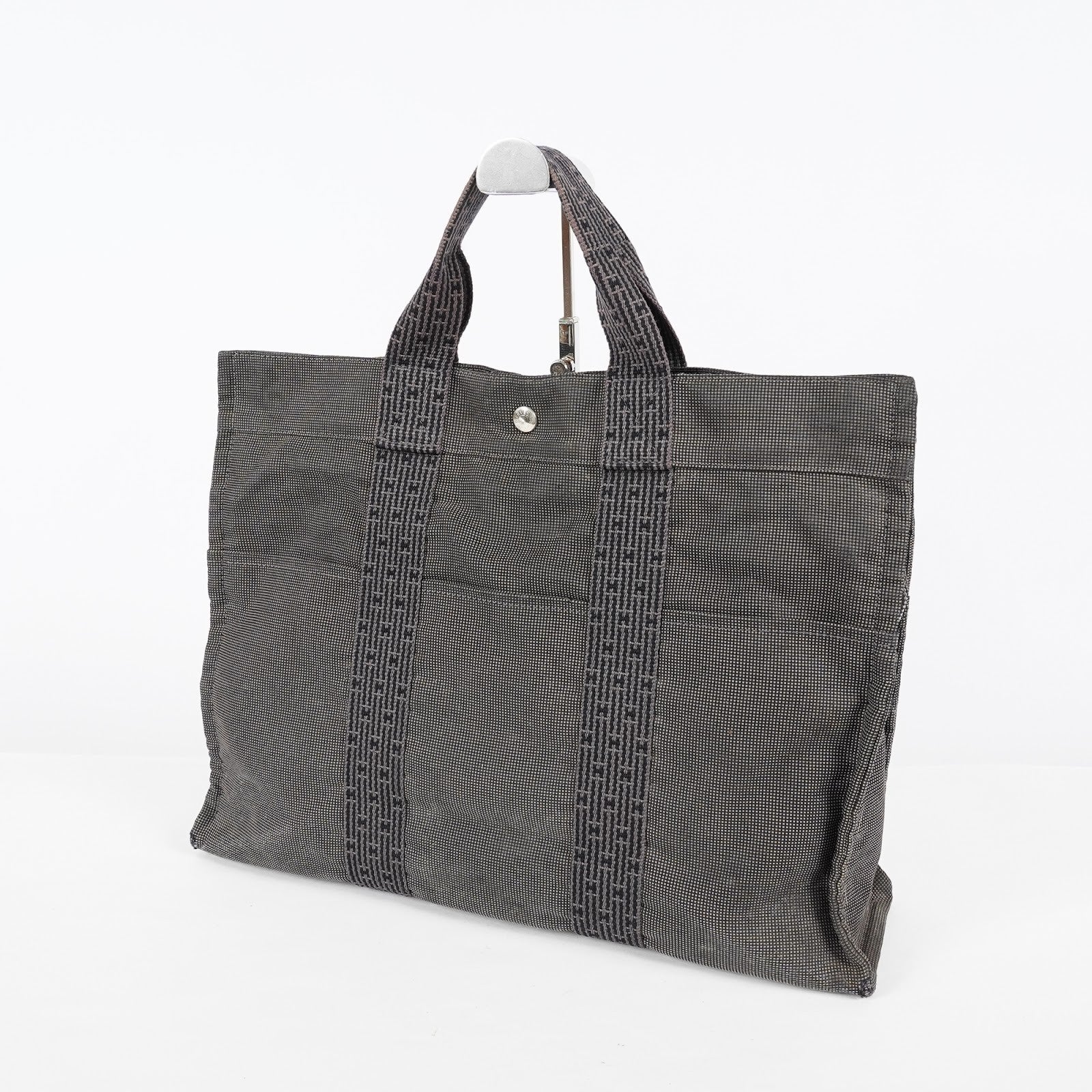HERMES Herline Tote MM Gray H Pattern Canvas Handbag Authentic 08E35825010