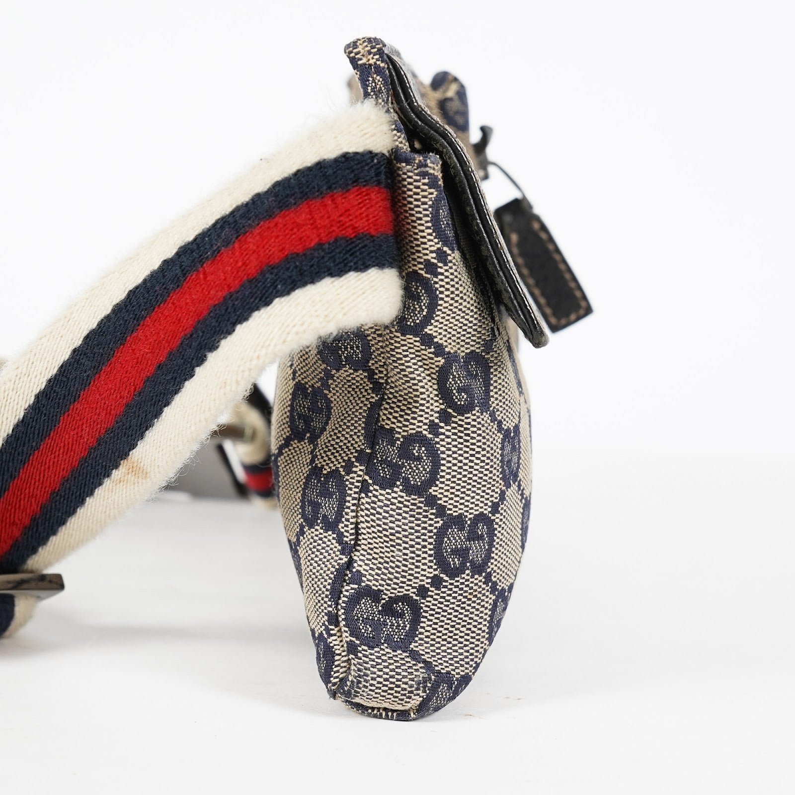 GUCCI GG Canvas Waist Belt Bag Beige Navy Sherry Web Vintage Used 08E162530010