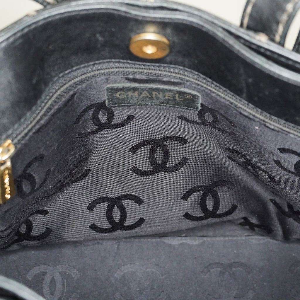 Chanel Wild Stitch Tote Bag Black Calfskin Leather CC Logo Used 07E077260010