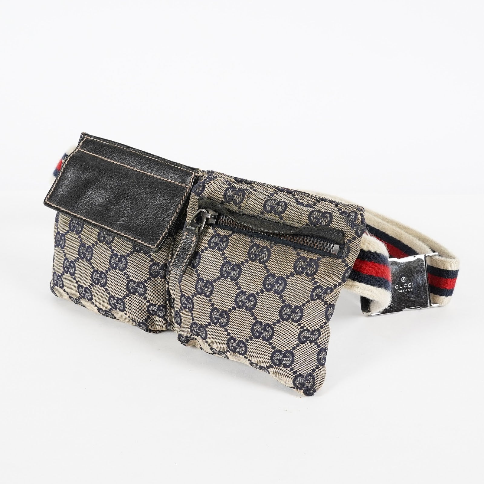 GUCCI GG Canvas Waist Belt Bag Beige Navy Sherry Web Vintage Used 08E162530010