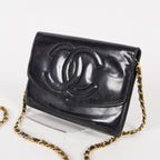 Chanel Coco Mark Shoulder Chain Wallet Black Women's Enamel vintage 05E294730016