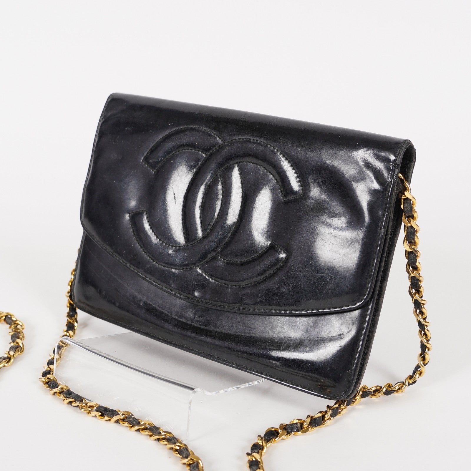 Chanel Coco Mark Shoulder Chain Wallet Black Women's Enamel vintage 05E294730016
