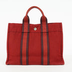 Hermes Fourre-Tout PM Red Canvas Leather Tote Bag Used Vintage 09E05825011