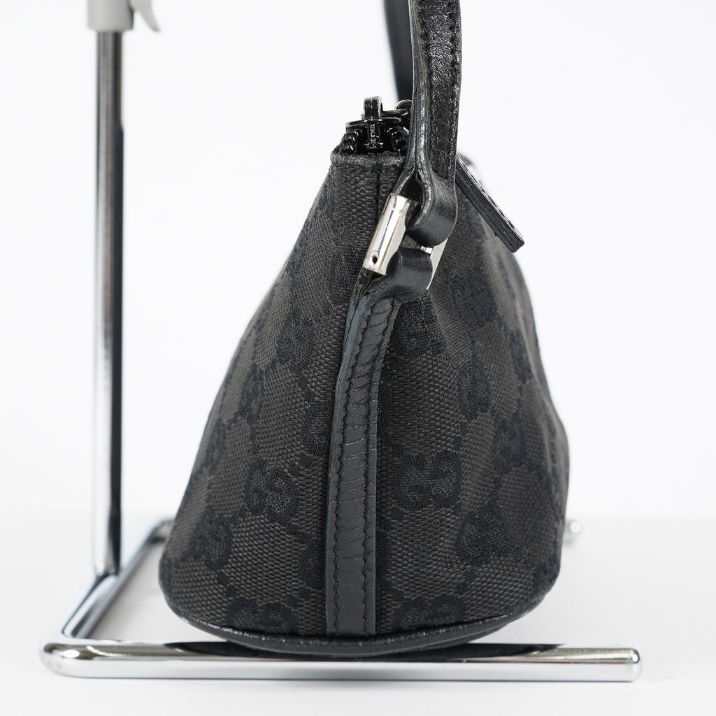 Gucci GG Canvas Boat Pochette 22cm Black Leather Trim Vintage Used 07E022310029