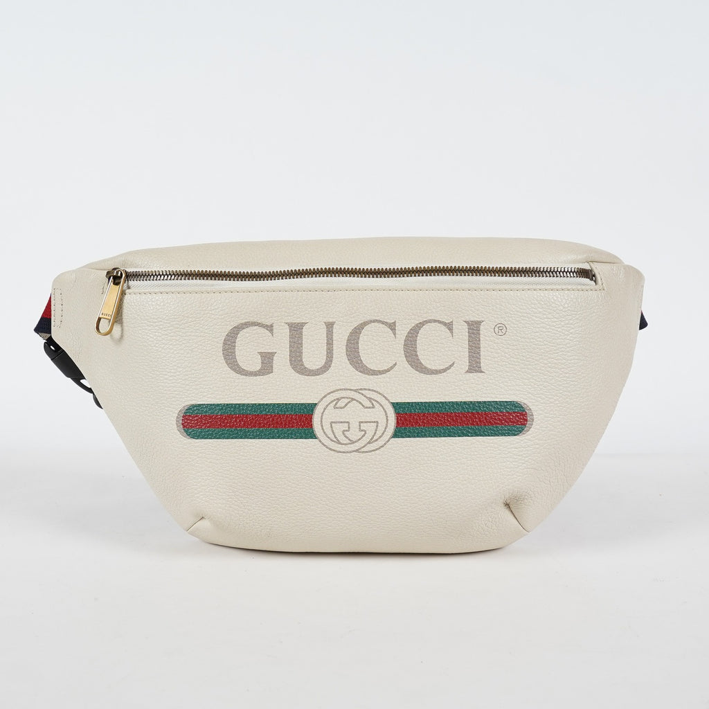 Gucci Print Belt Bag White Leather Waist Bag Web Strap Used 530412 07E013850017