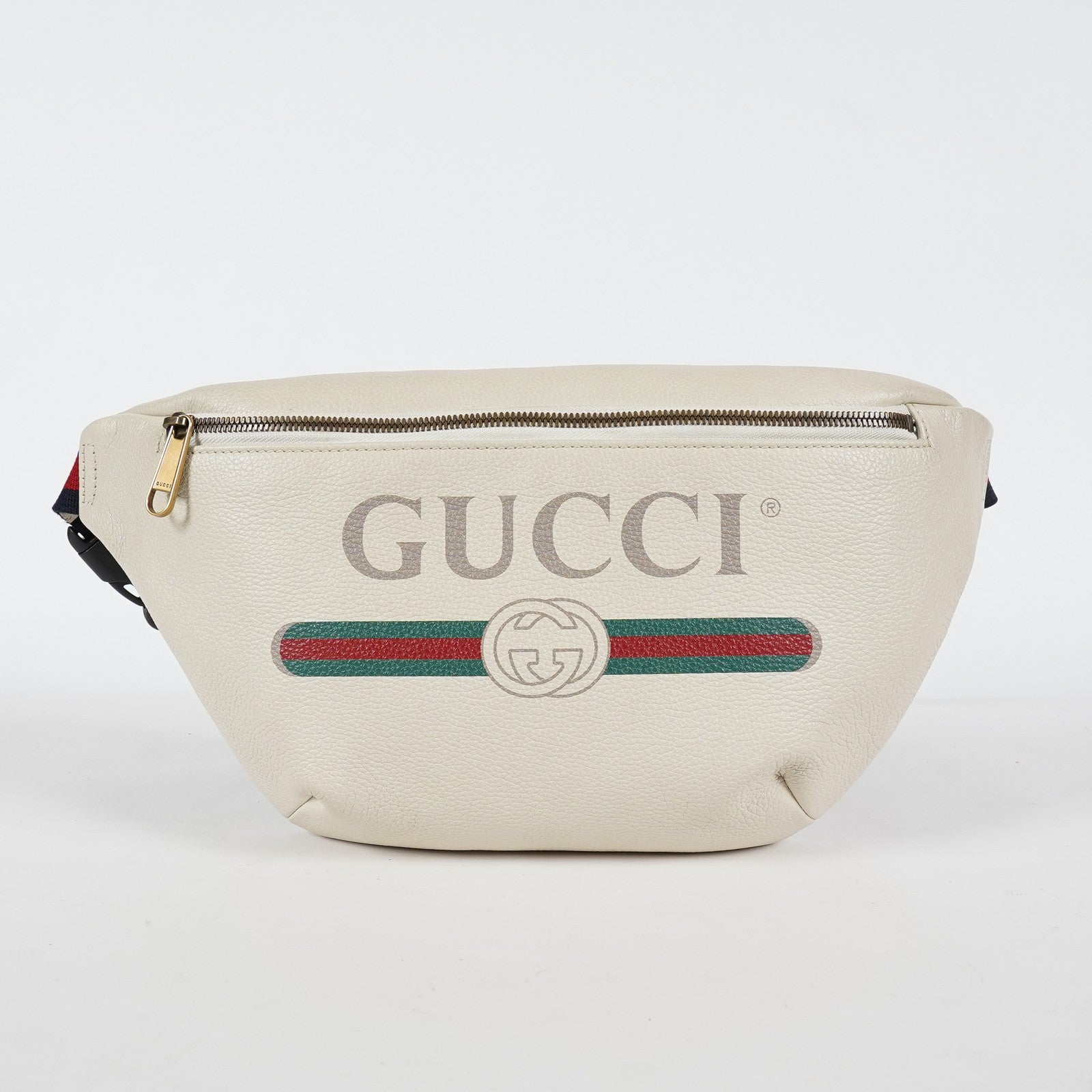 Gucci Print Belt Bag White Leather Waist Bag Web Strap Used 530412 07E013850017
